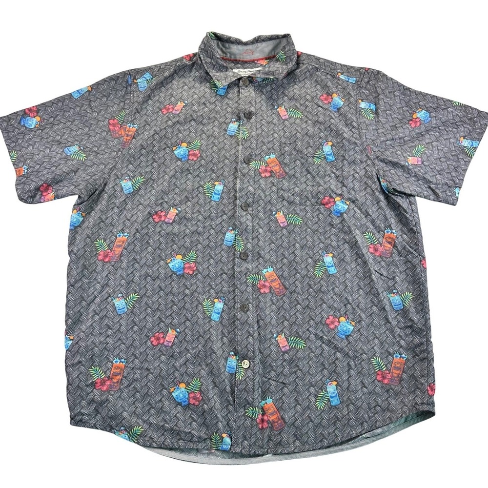 Tommy Bahama Mens XLT The Coconut Point Tiki Cocktail Camp Shirt Gray Modal